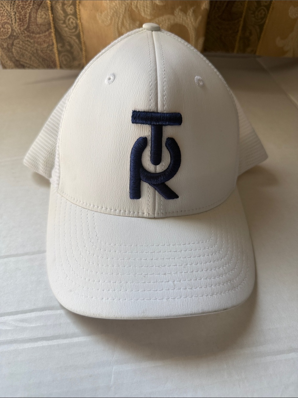 White Trucker Hat with Navy Logo - Unbranded